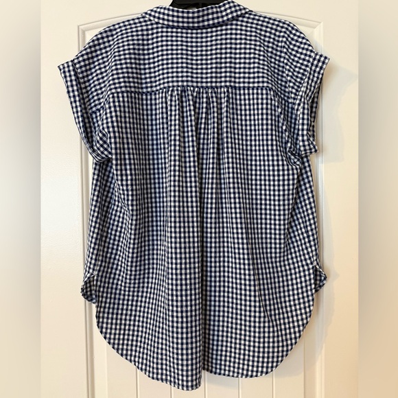 LOFT Navy and White Gingham Button-Up Short Sleeve Blouse - Picture 2 of 2